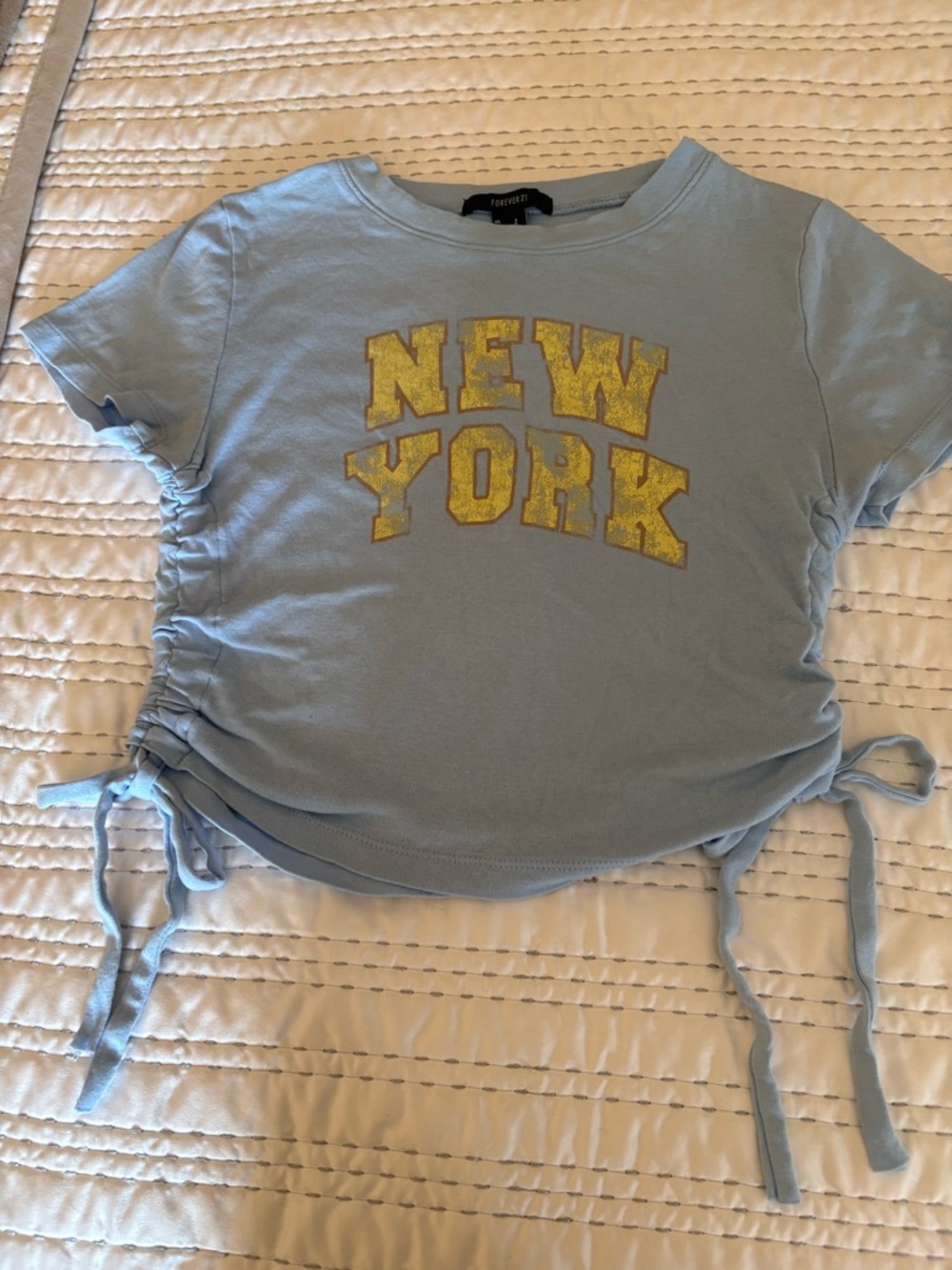 Forever 21 Light Blue Ruched Side Crop Tee with Yellow NEW YORK Graphic